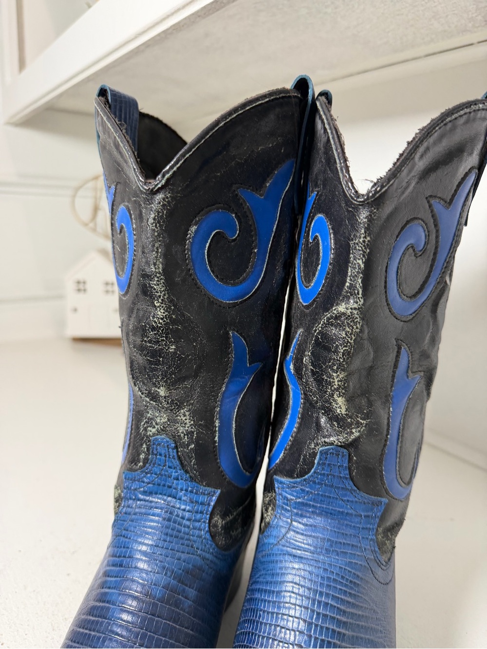 Laredo Cowboy Boots Women's 6 Blue Lizard Print Black Leather Western Colorful - Picture 4 of 9